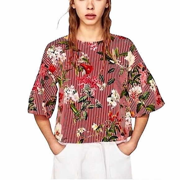 Zara Tops - NWOT ZARA Red/White Striped Floral Blouse w/ Bell Sleeves